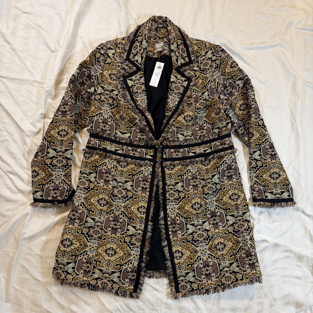 Chico's Women 1 Metallic Tapestry Fringe Topper Jacket Geometric Open Front NWT